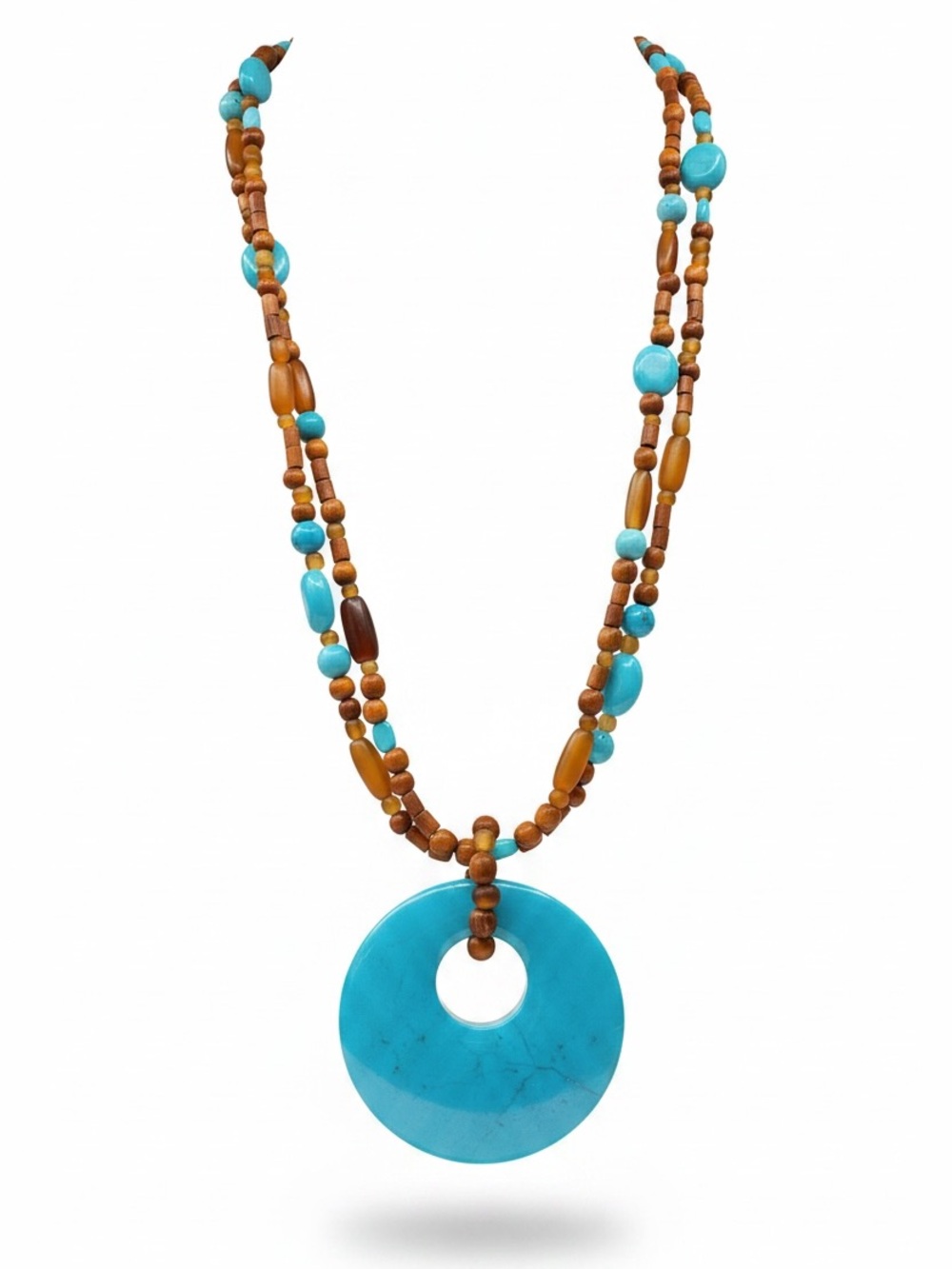 Turquoise & Wood Bead Pendant Necklace - SKU A